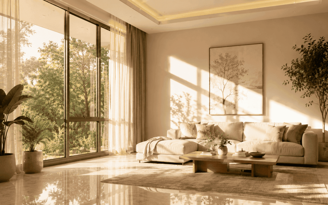 Natural light streaming through large windows in a luxury home, showcasing modern architecture, premium interiors, and open living spaces.