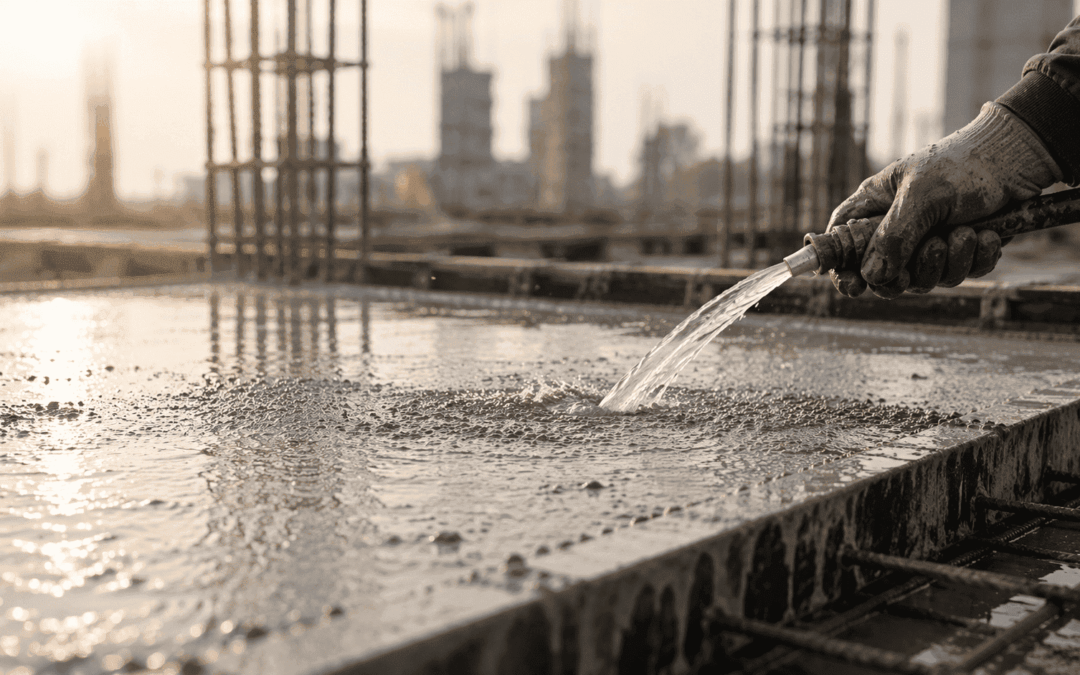 Worker curing a concrete slab during residential construction to improve structural strength and durability.