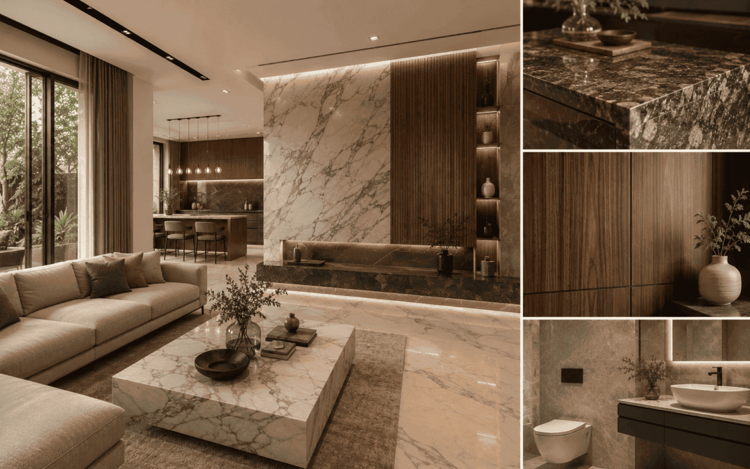 Modern luxury home showcasing Italian marble flooring, premium granite surfaces, natural wood finishes, and premium ceramic materials within contemporary residential architecture.